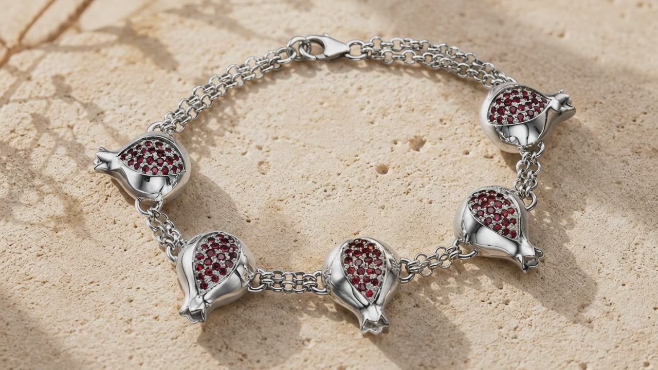 Load video: Sterling Silver Garnet Pomegranates Chain Link Bracelet