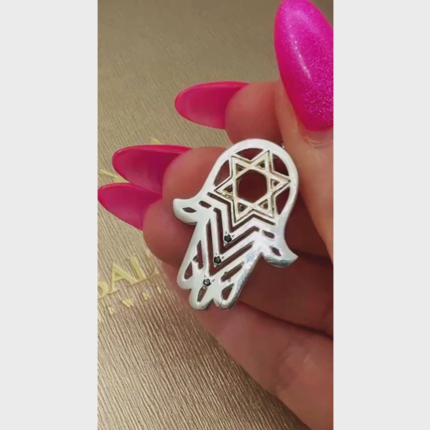 Load video: Star of David Hamsa Pendant with Black Diamonds