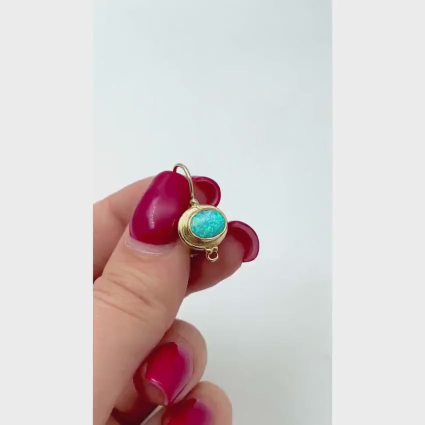 Load video: Blue Opal 14k Yellow Gold Hook Round Ethnic Oval Earrings