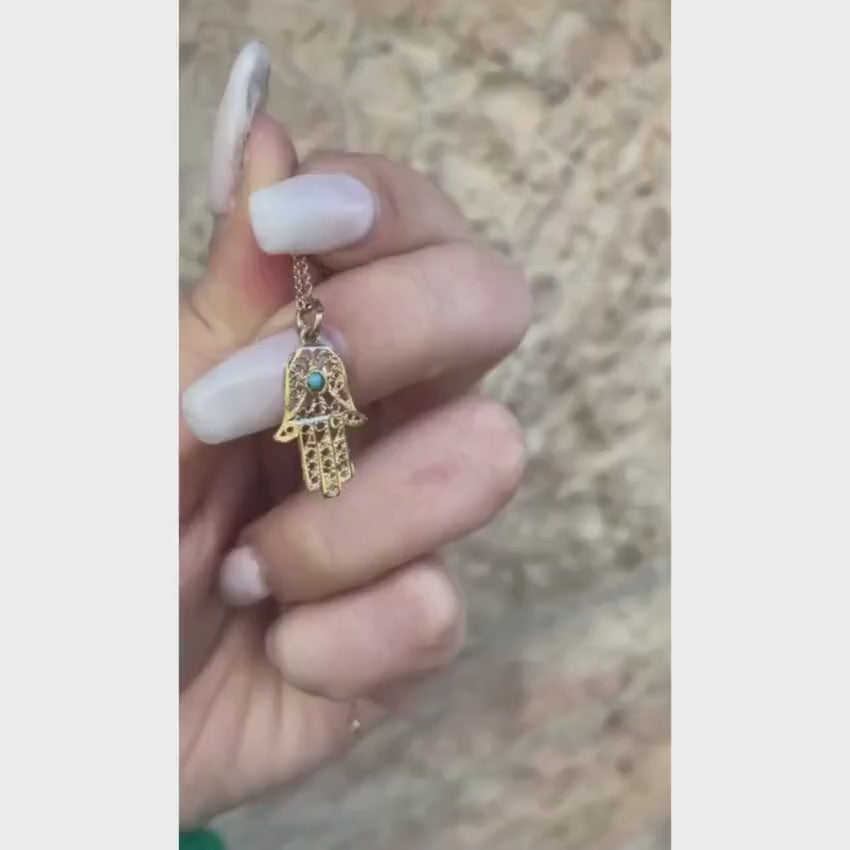 Load video: Filigree Turquoise Symmetric Hamsa 14k Gold Pendant