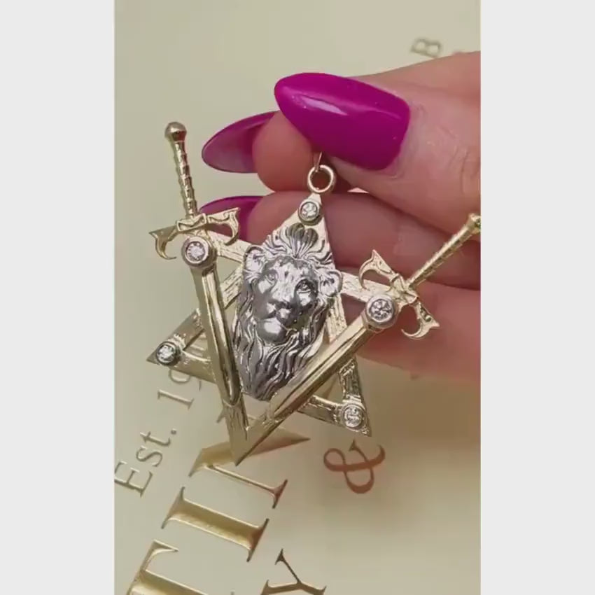 Load video: Two Swords Lion of Judah Pendant with Diamond in 14k Gold
