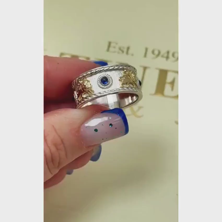 Load video: Lion of Zion Ring with Blue Sapphires in 14K Gold &amp; Sterling Silver