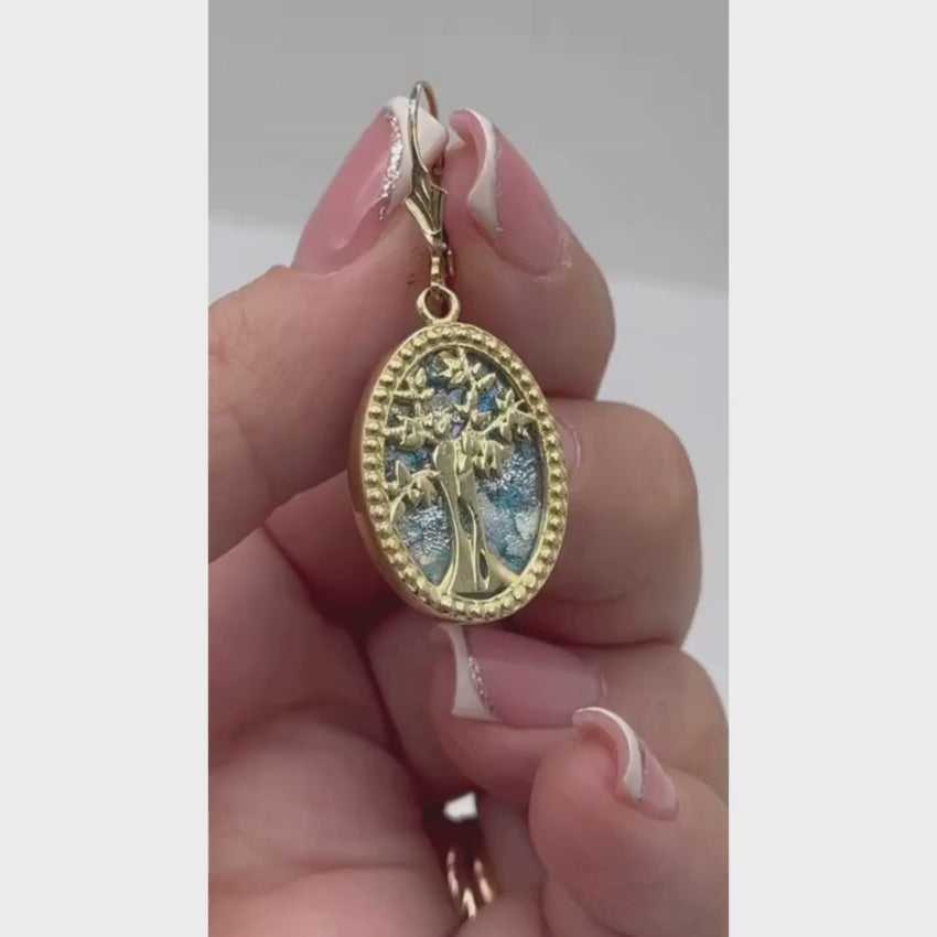 Load video: Tree of Life Oval Earrings with Roman Glass in 14K Gold