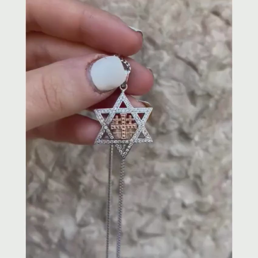Load video: Star of David with Jerusalem Cross Pendant in 14K Gold