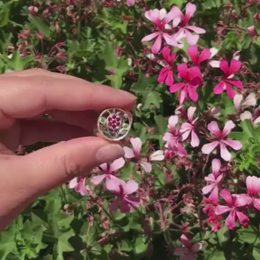 Load video: Pomegranate Ring in Silver and Gold with Rubies &amp; Emeralds