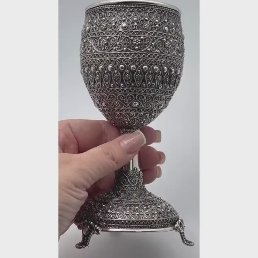 Load video: Kiddush Cup with Stem and legs in Sterling Silver with Detailed Filigree Art