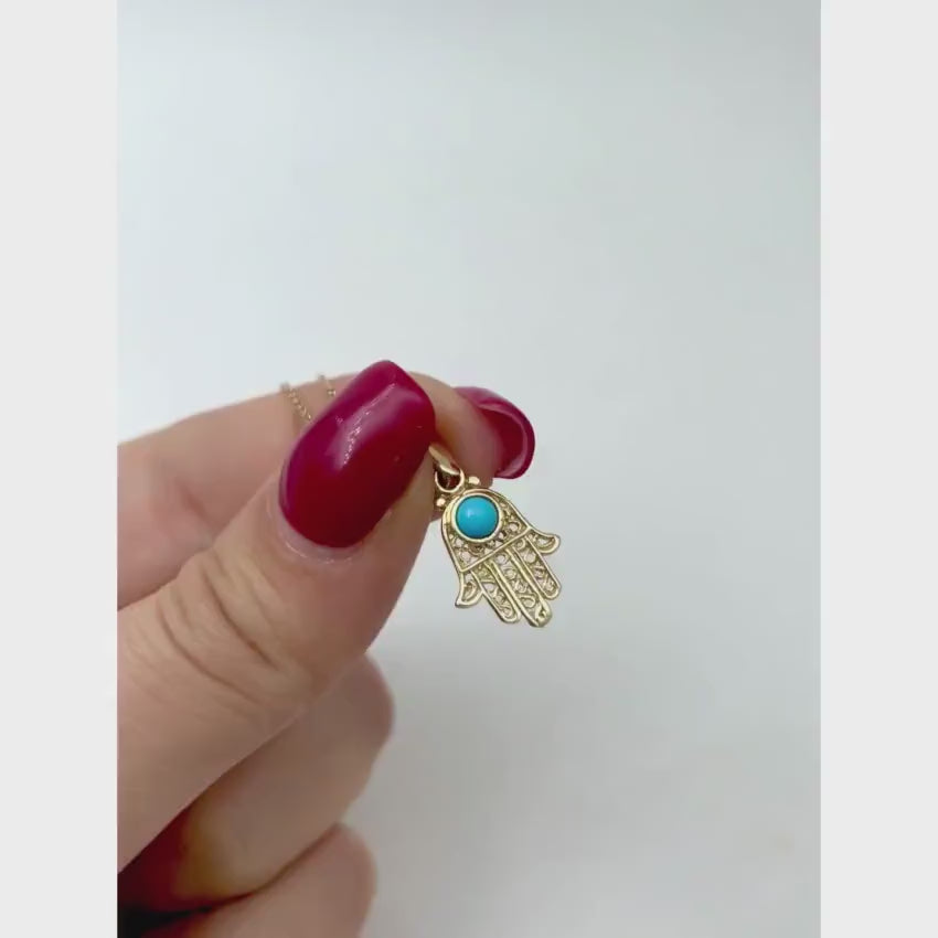 Load video: 14K Gold Turquoise Filigree Mini Hamsa Pendant