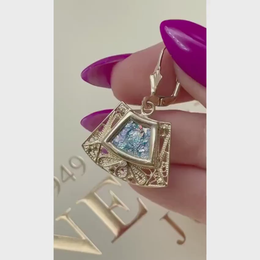 Load video: Roman Glass Trapezoid Filigree Earrings in 14K Gold