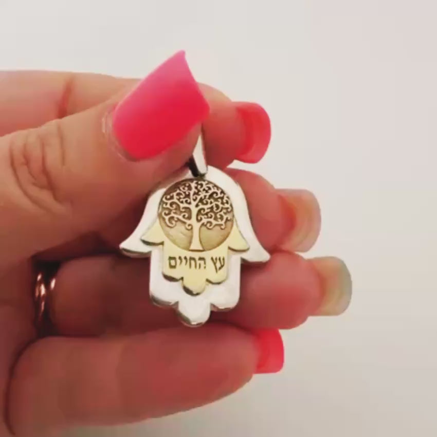 Load video: Sterling Silver &amp; 9K Gold Hamsa Tree of Life Pendant Necklace