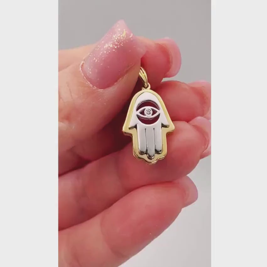 Load video: Hamsa Evil Eye Pendant in 14K Gold with 0.02 CT Natural Diamond
