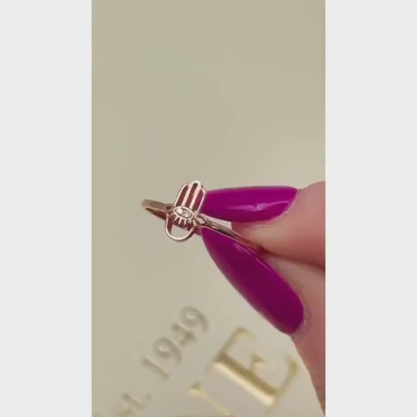 Load video: Hamsa Evil Eye Minimalist Ring with Diamonds in 14K Rose Gold