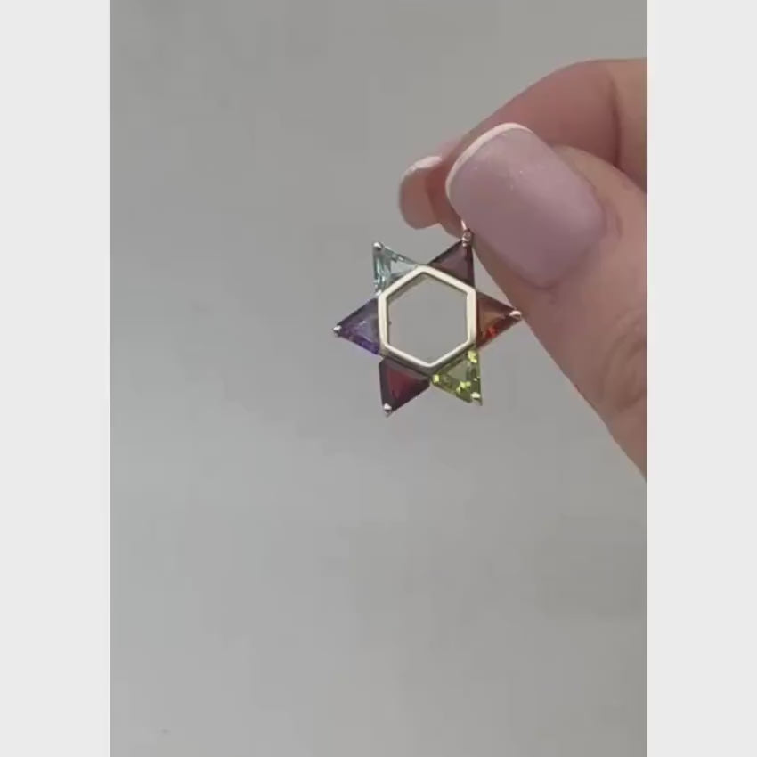 Load video: Colorful Gemstones Star of David Pendant in 14K Gold - 21 mm