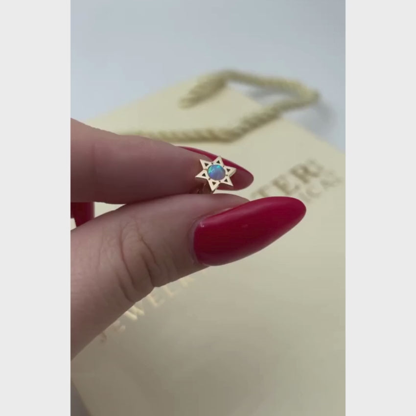 Load video: Star of David Stud Earrings with Opalite in 14K Gold