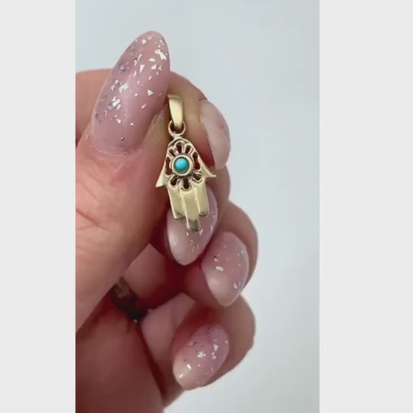 Load video: 14k Gold Hamsa Pendant with Turquoise Stone