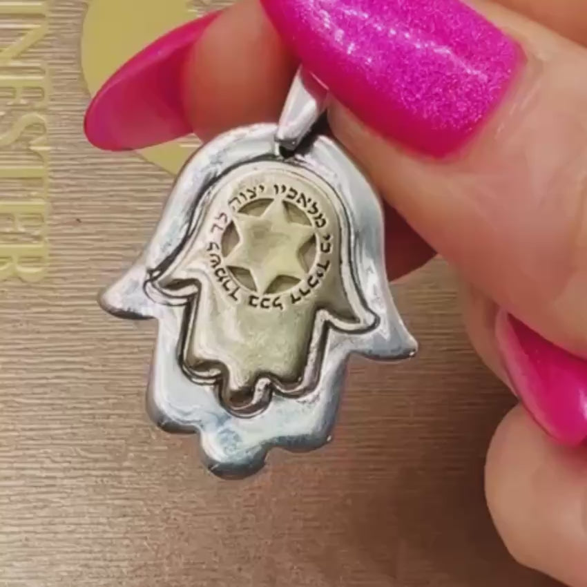 Load video: Sterling Silver &amp; 9K Gold Hamsa Star of David Necklace