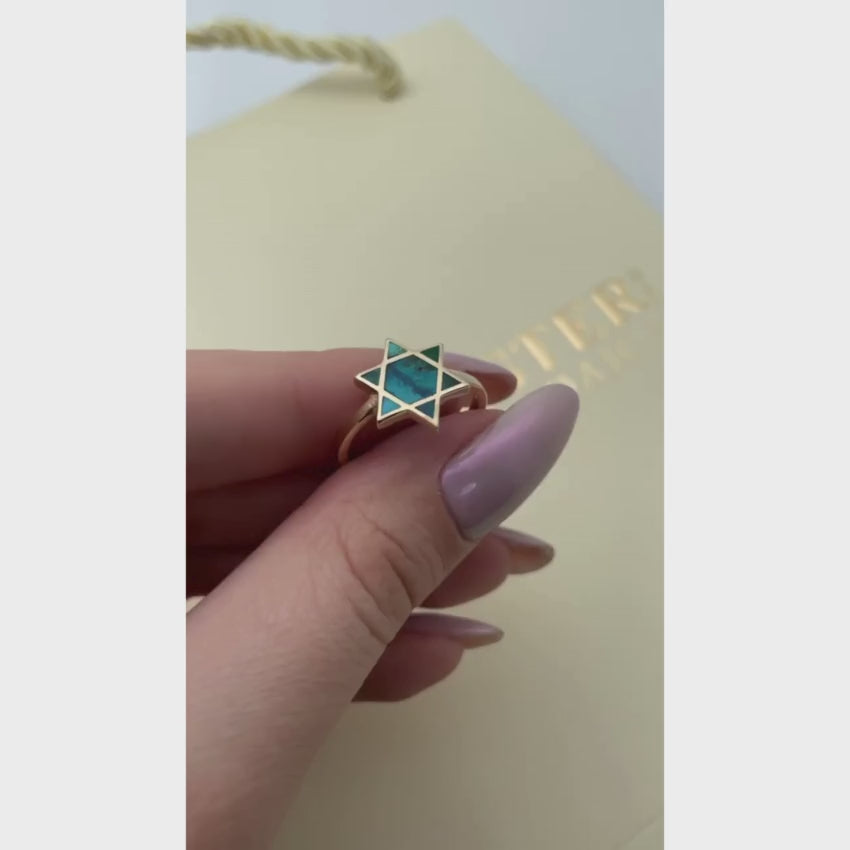 Load video: Israeli Eilat Stone Star of David Ring in 14K Gold