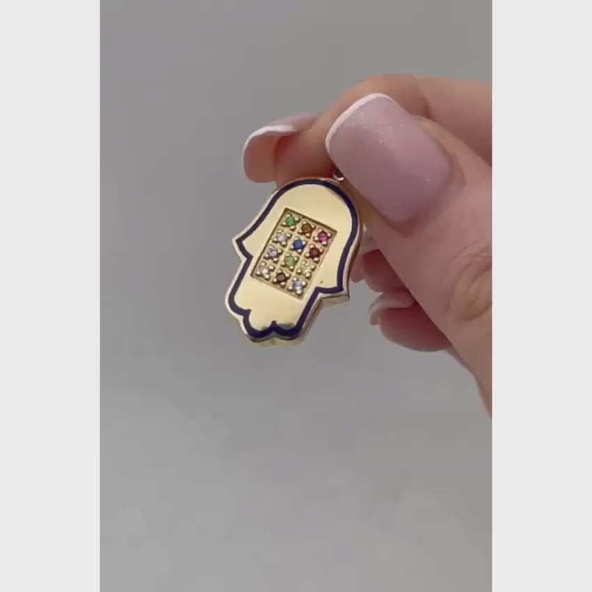 Load video: Hoshen Hamsa Pendant in 14k Gold with 12 Stones