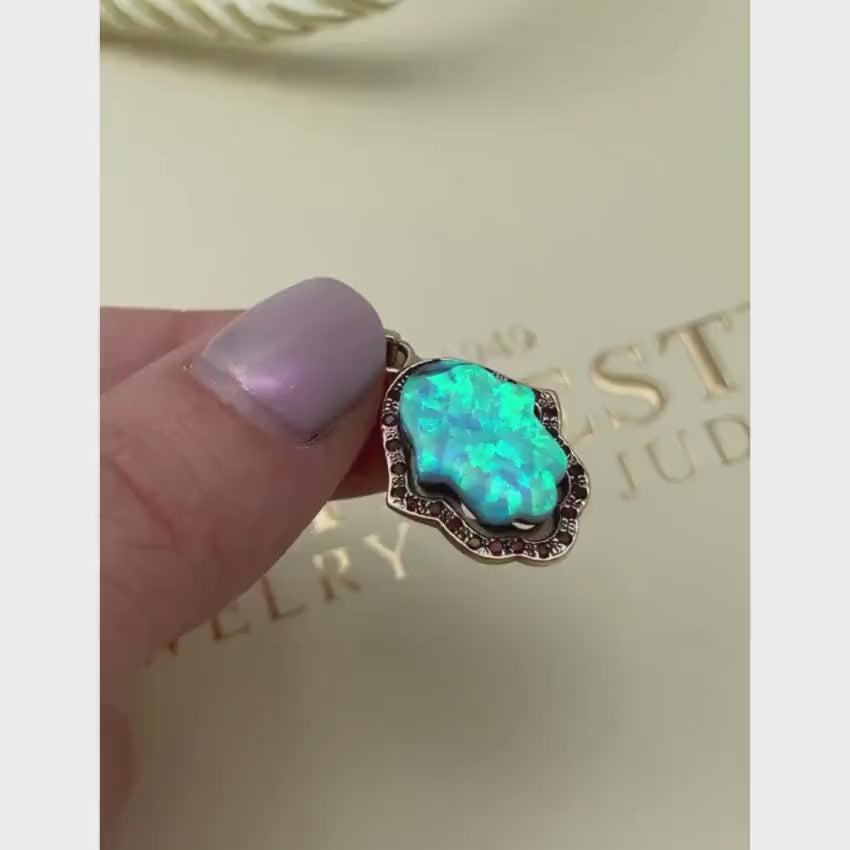Load video: Hamsa Pendant in 14K Gold Opalite and Garnets