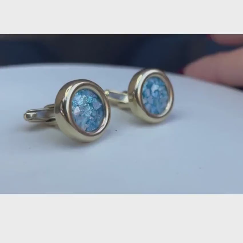 Load video: 14k Gold Roman Glass Round Cufflinks
