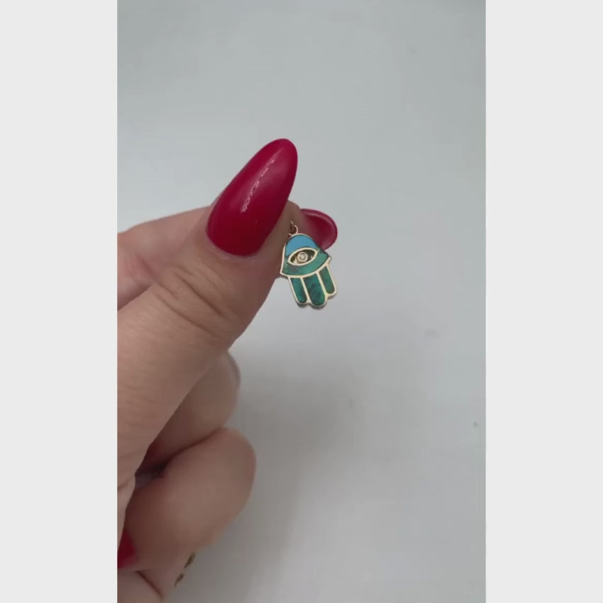 Load video: Hamsa Protection Pendant in 14K Gold with Diamond &amp; Eilat