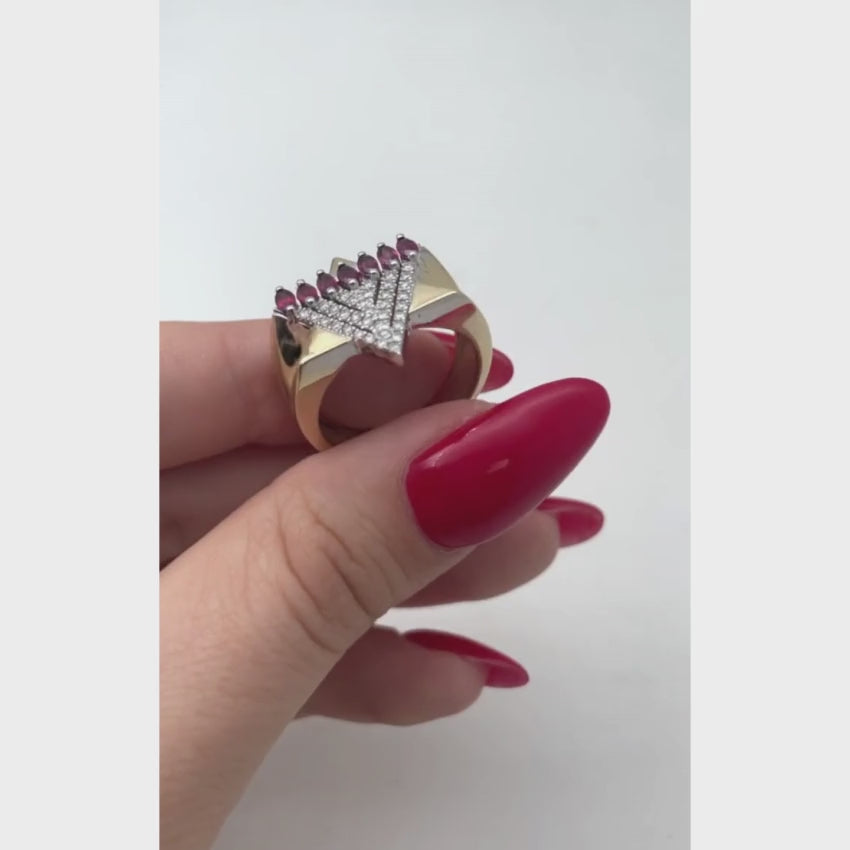 Load video: Menorah Star of David Ring - 14K Gold, Diamonds and Rubies