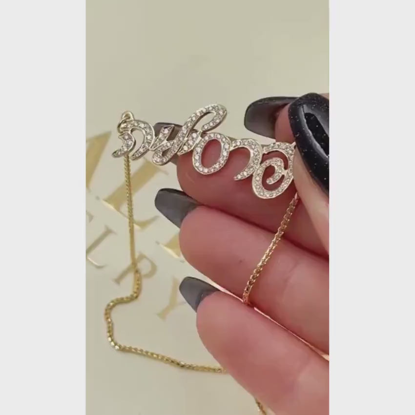 Load video: 14K Gold Hebrew Script Diamond Name Necklace