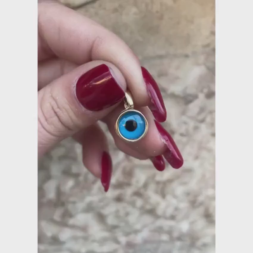 Load video: Protection Charm - Crystal Blue Evil Eye in 14k Gold - Small
