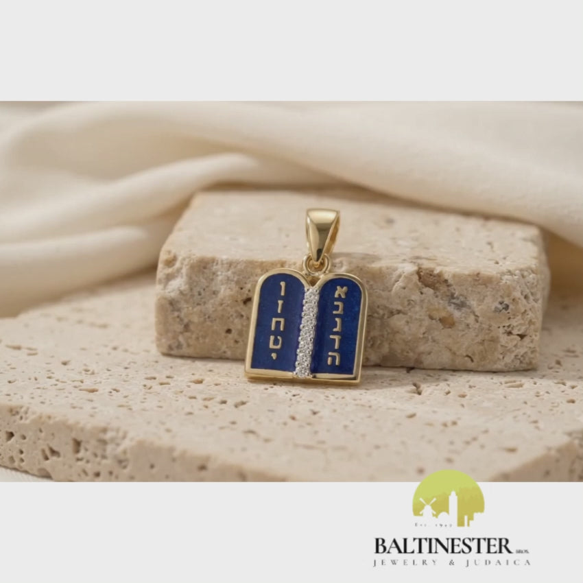 Load video: Ten Commandments Pendant - 14K Yellow Gold and Blue Enamel Diamond-Studded