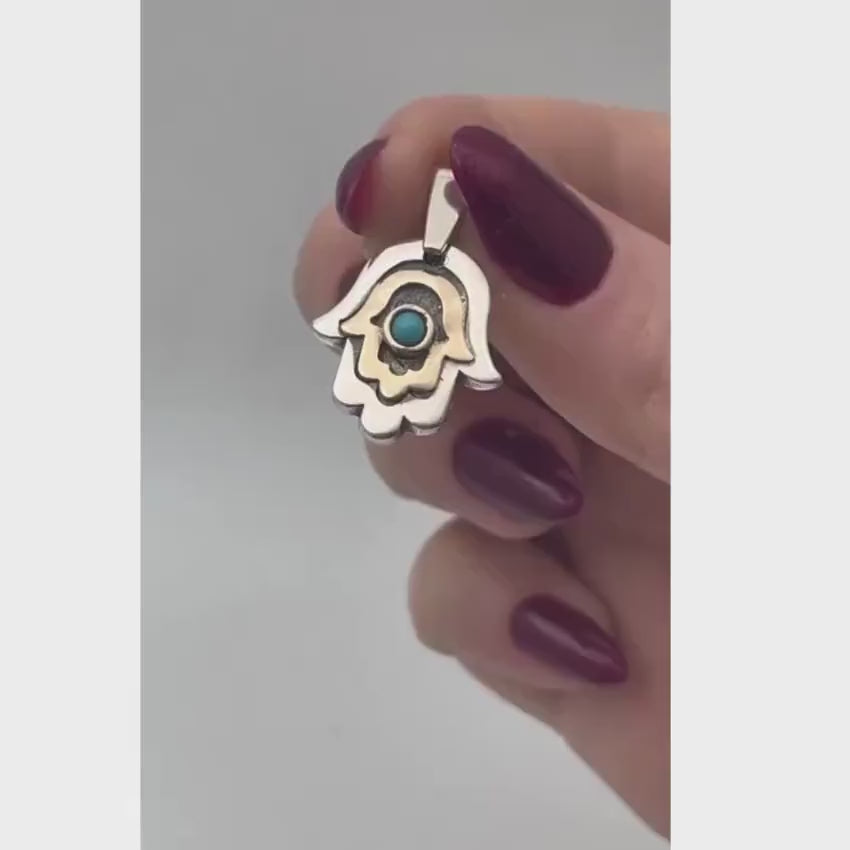 Load video: Hamsa Necklace with Blue Turquoise Stone in Silver and 9K Gold