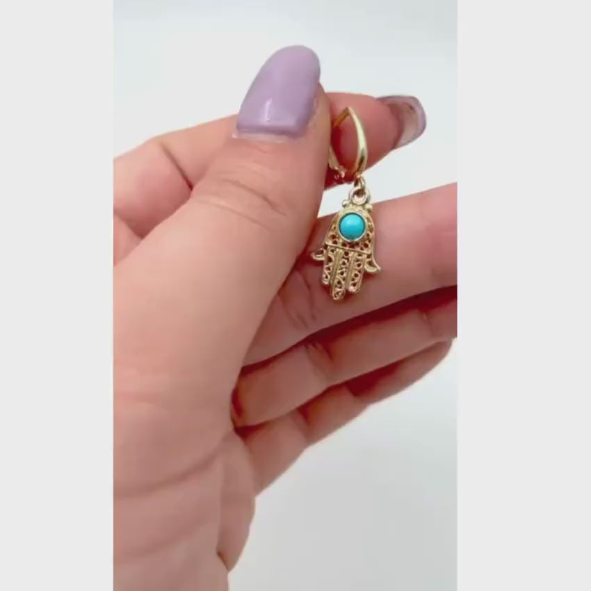 Load video: Turquoise Hamsa Earrings in 14K Gold Filigree