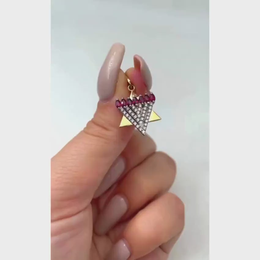 Load video: Menorah Pendant with Diamonds and Rubies in 14k Gold