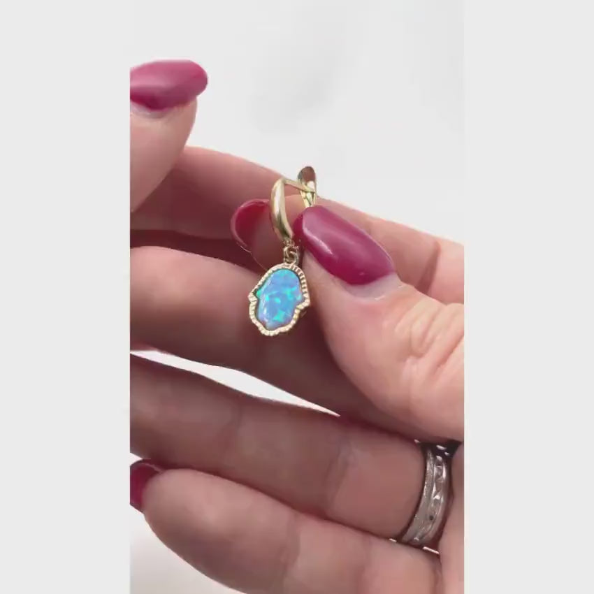 Load video: Opal Hamsa Earrings 14k Yellow Gold