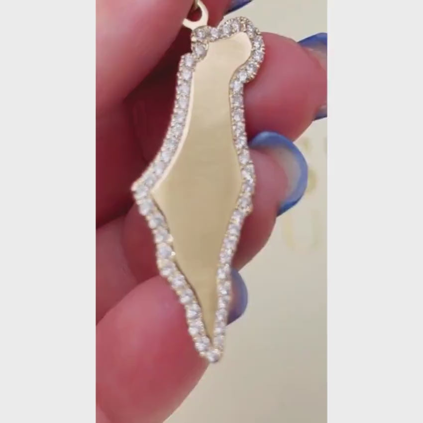Load video: Diamond Map of Israel Am Israel Chai Pendant in 14K Gold