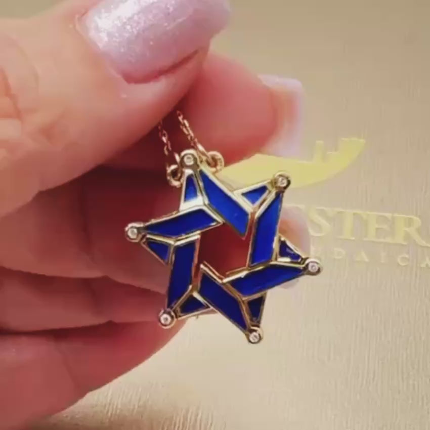 Load video: 14K Gold Expandable Star of David Butterfly Necklace with Blue Enamel &amp; Diamond