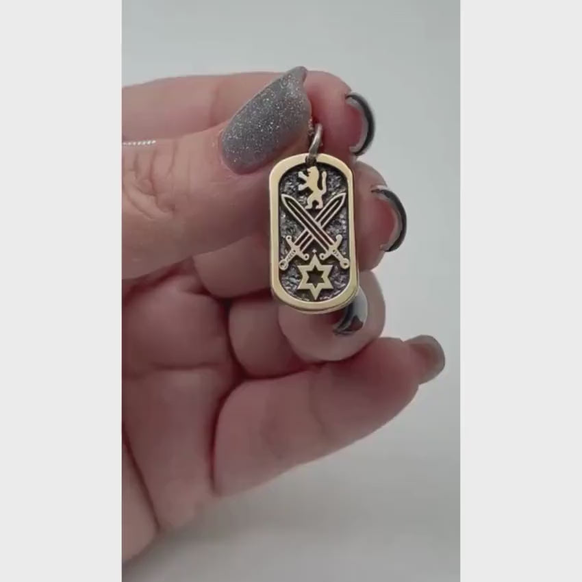 Load video: War of Iron Swords Tag Pendant with Star of David &amp; Lion of Judah in 9K Gold and Sterling Silver