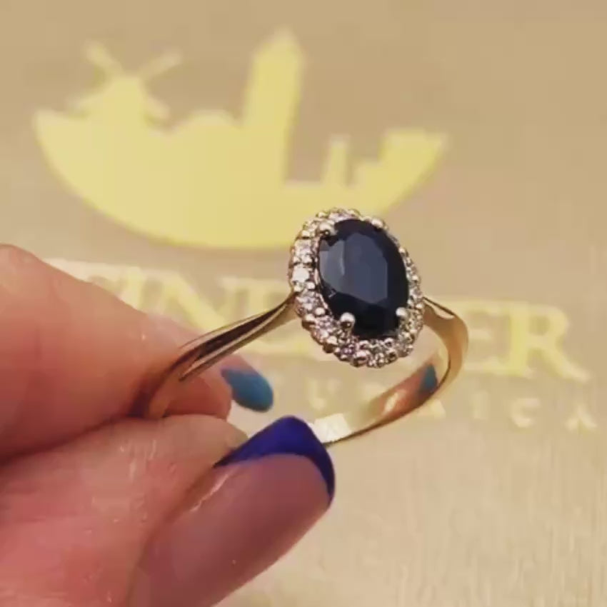 Load video: Sapphire &amp; Diamond Halo Ring in 14k Yellow Gold