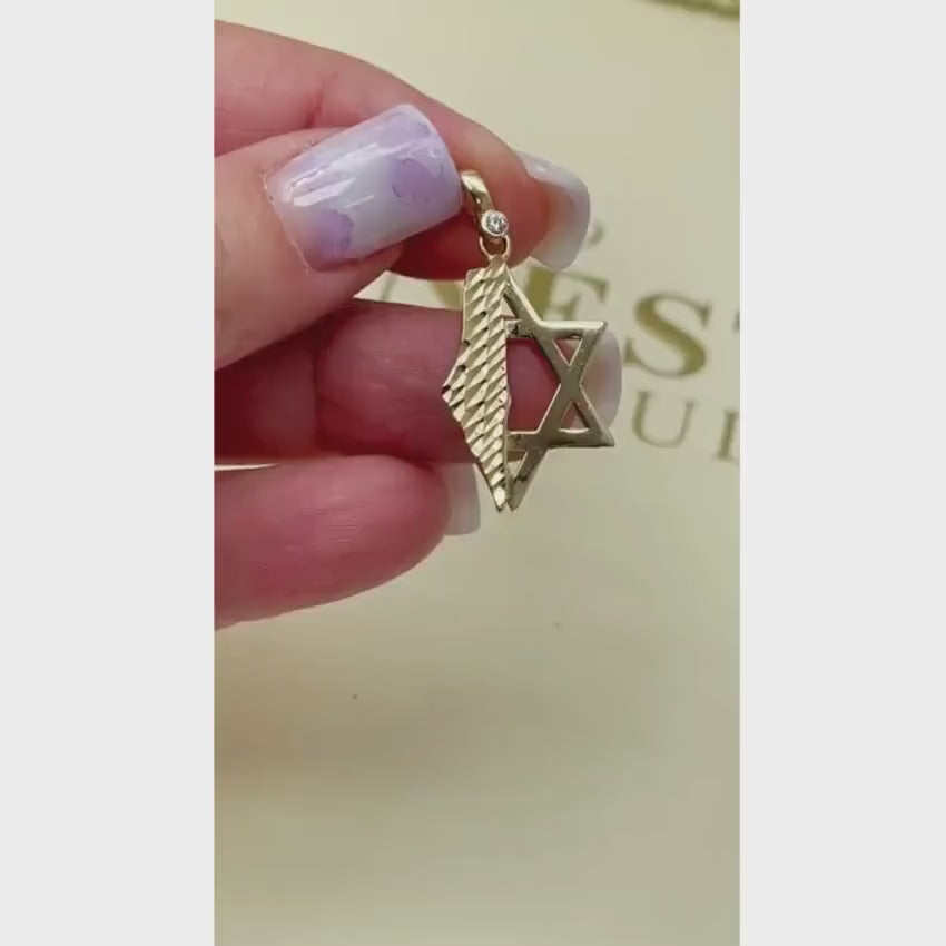 Load video: Star of David &amp; Israel Map Pendant 14K Gold with Diamond Accent