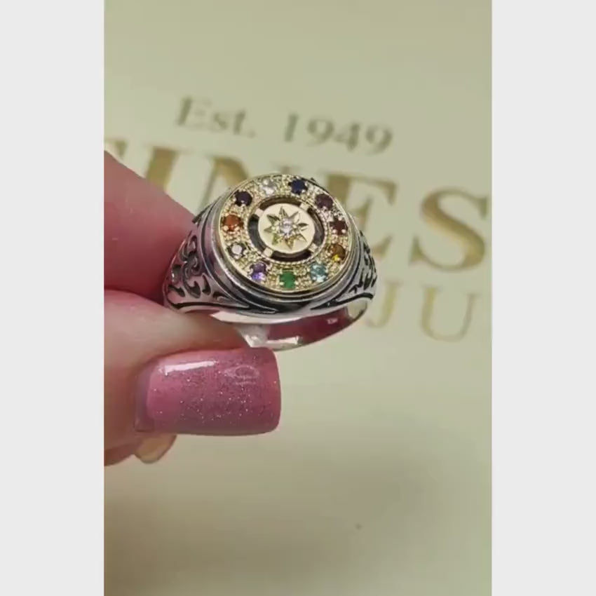 Load video: Hoshen Round Signet Ring in 14K Gold &amp; 925 Silver with Natural Gemstones