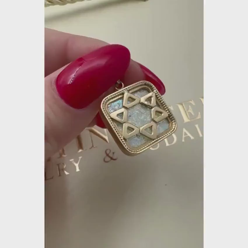 Load video: 14k Gold Roman Glass Star of David Square Pendant