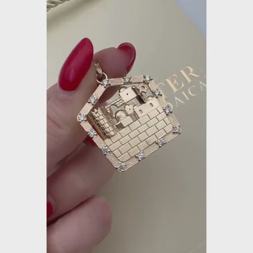 Load video: Jerusalem Skyline Western Wall Pendant in 18K Gold with Diamonds