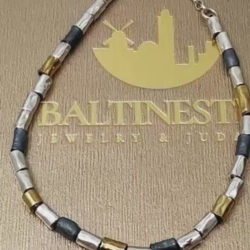 Load video: Handcrafted Mixed-Metal Israeli Beaded Bracelet – Sterling Silver, Oxidized Silver &amp; Gold Plated Accent