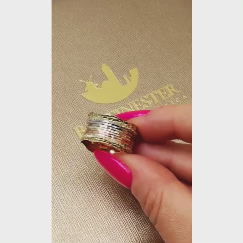 Load video: 14k Gold Tricolor Textured Wide Wedding Ring