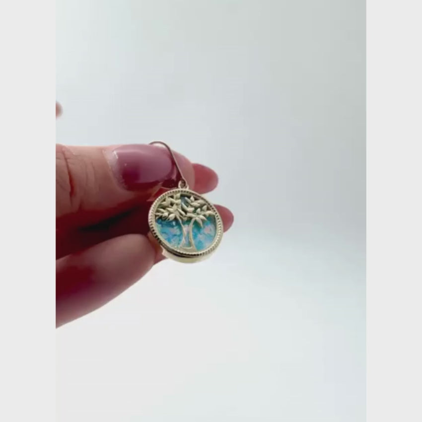 Load video: Tree of Life Earrings with Roman Glass in 14K Gold