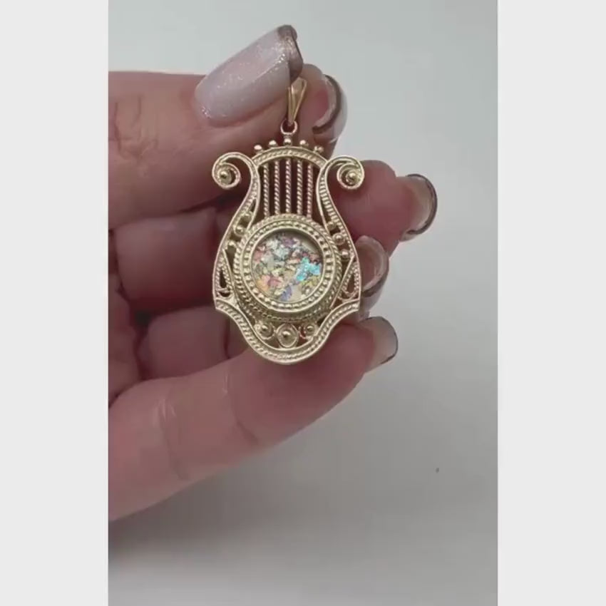 Load video: 14k Gold Roman Glass Harp of David Pendant