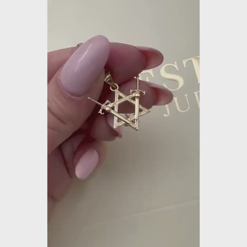 Load video: Victory Swords and Star of David Pendant in 14K Gold