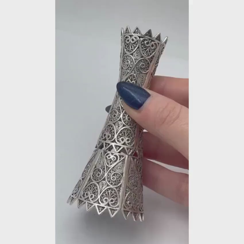 Load video: Silver Yemenite Filigree Candlesticks - Set of 2 with Ridged Edging