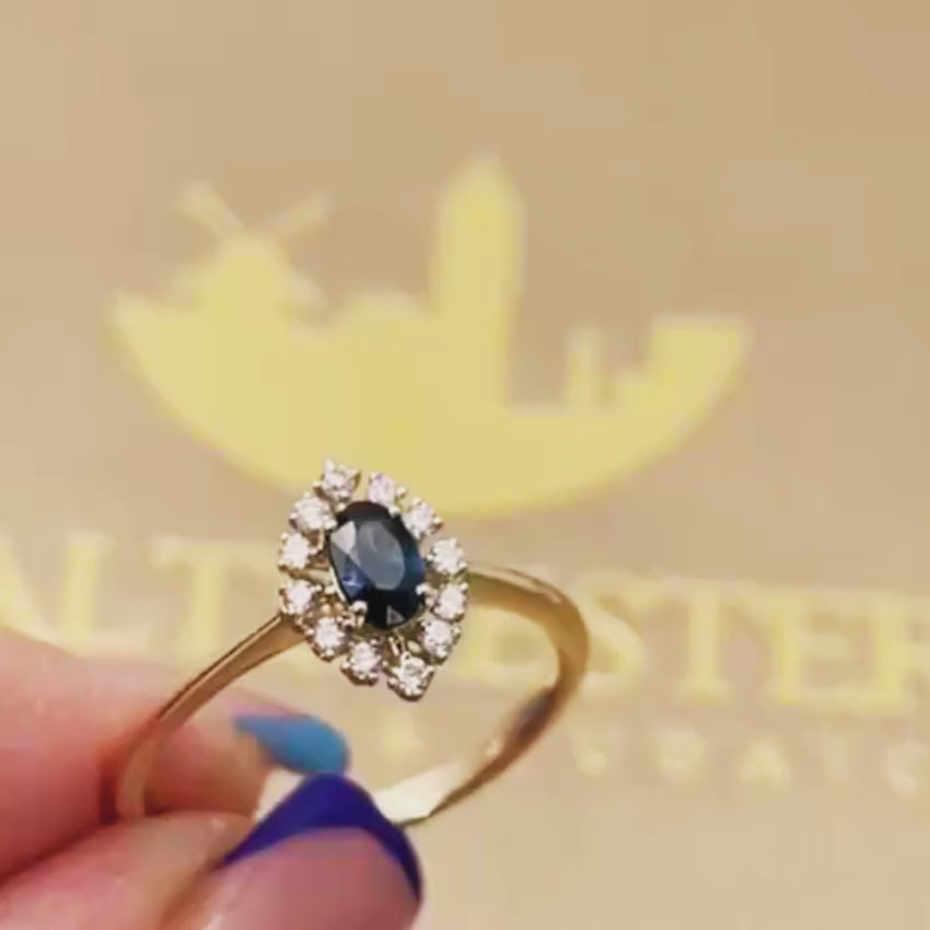 Load video: 14K Yellow Gold Sapphire &amp; Diamond Halo Ring