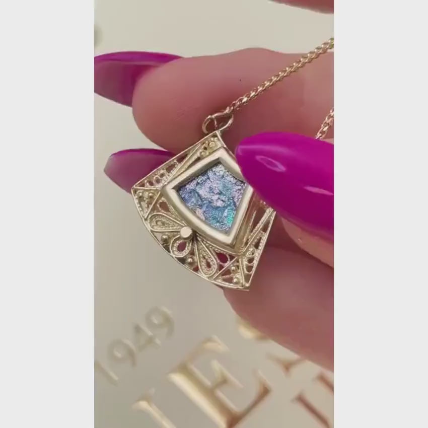 Load video: Roman Glass Trapezoid Pendant Necklace in 14K Gold Filigree Work
