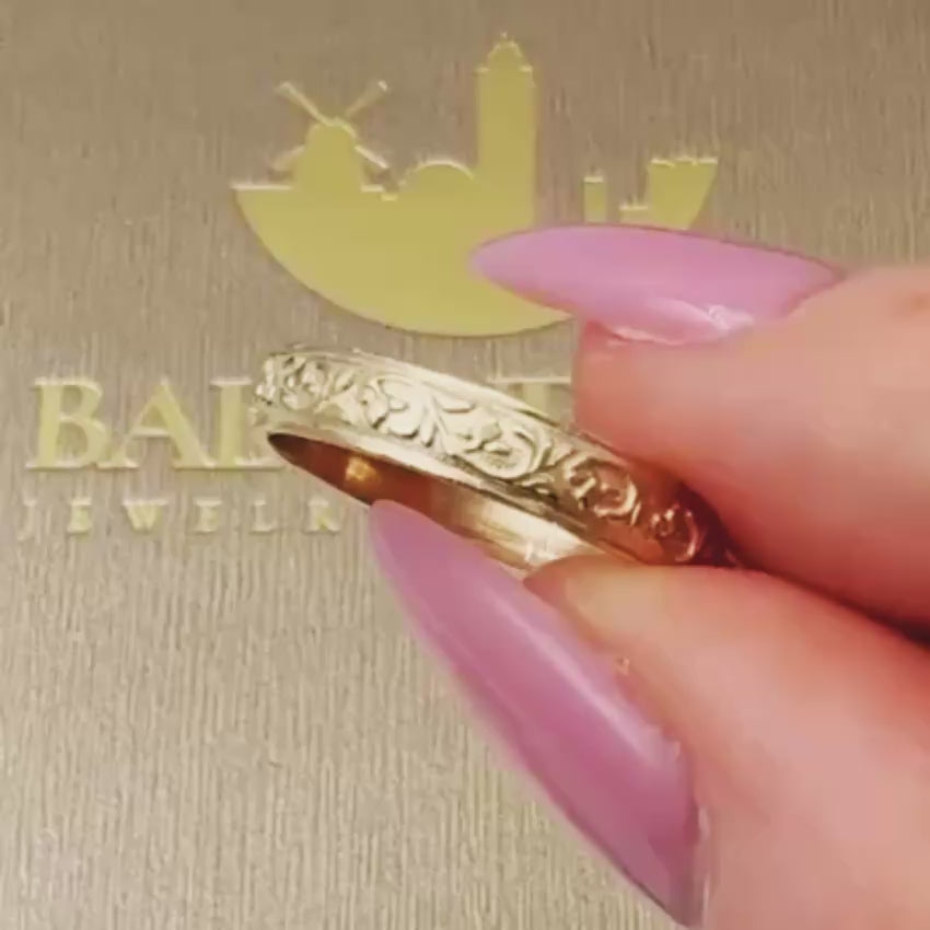 Load video: 14K Yellow Gold Floral Engraved Wedding Band