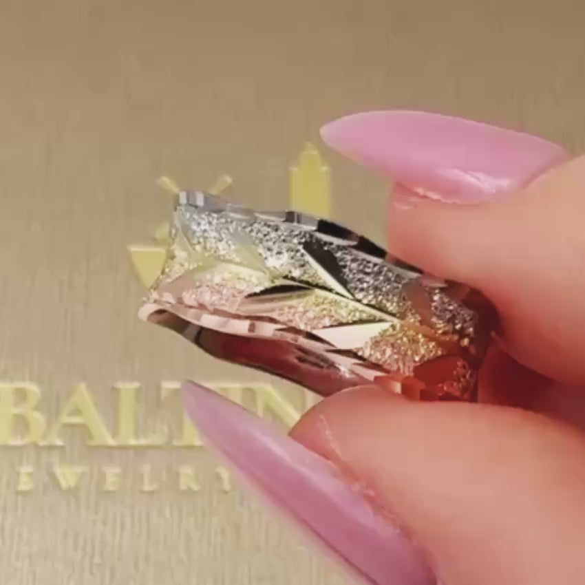 Load video: 14K Tri-Color Gold Wedding Band Ring with Leaf-inspired Pattern